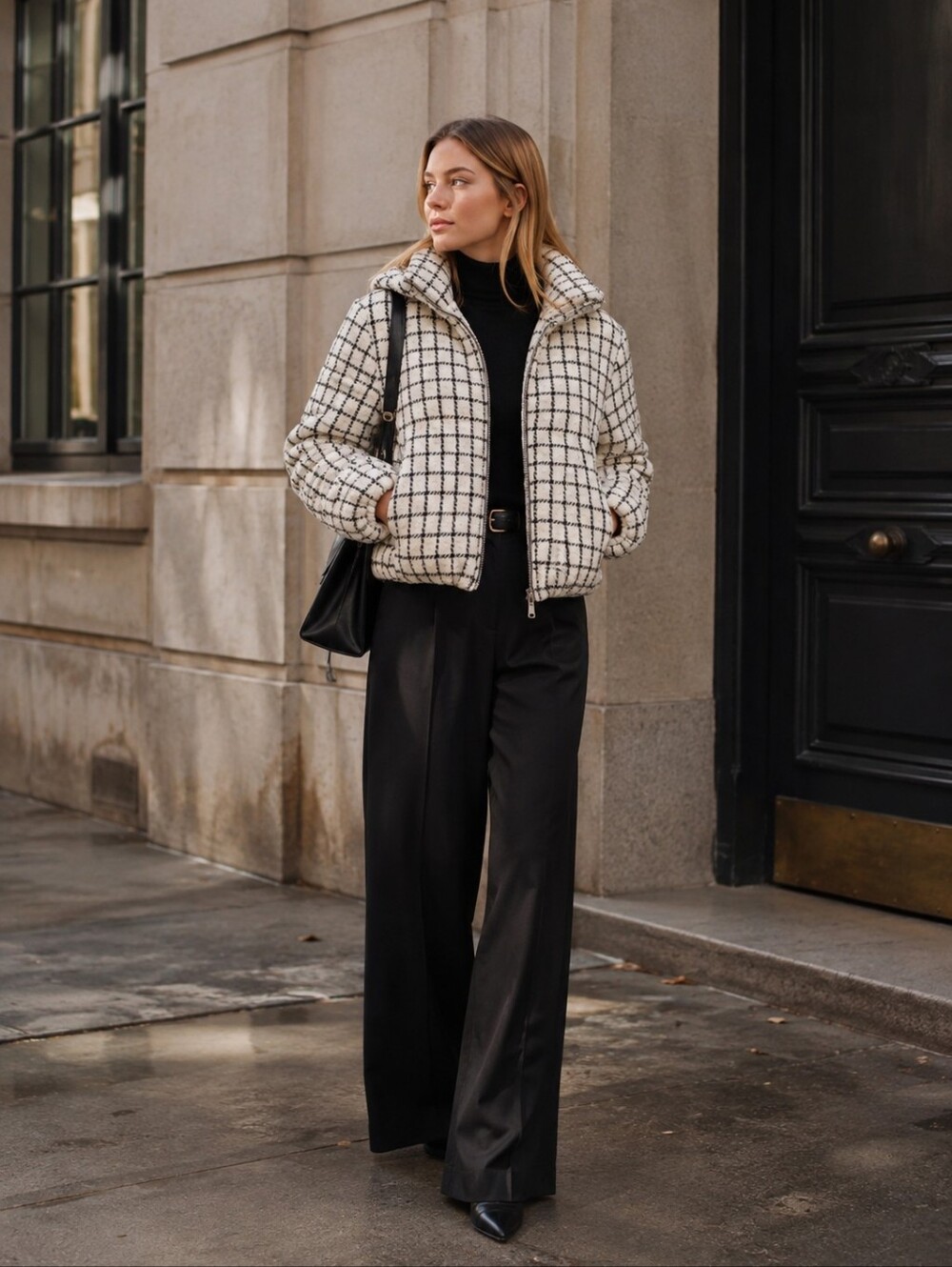 JASON WU New Women’s MEDIUM Quiet Luxury‎ Ivory Plaid Tweed PUFFER Jacket Cozy